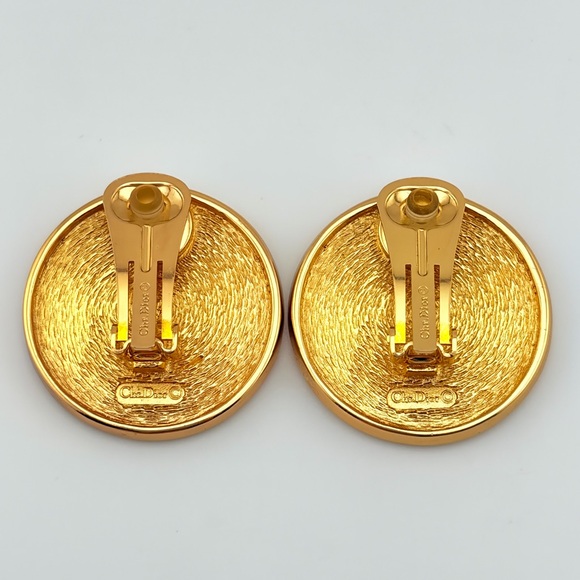 Vintage Christian Dior Gold Plated Monogram Button Clip On Earrings HUGE - Picture 4 of 6